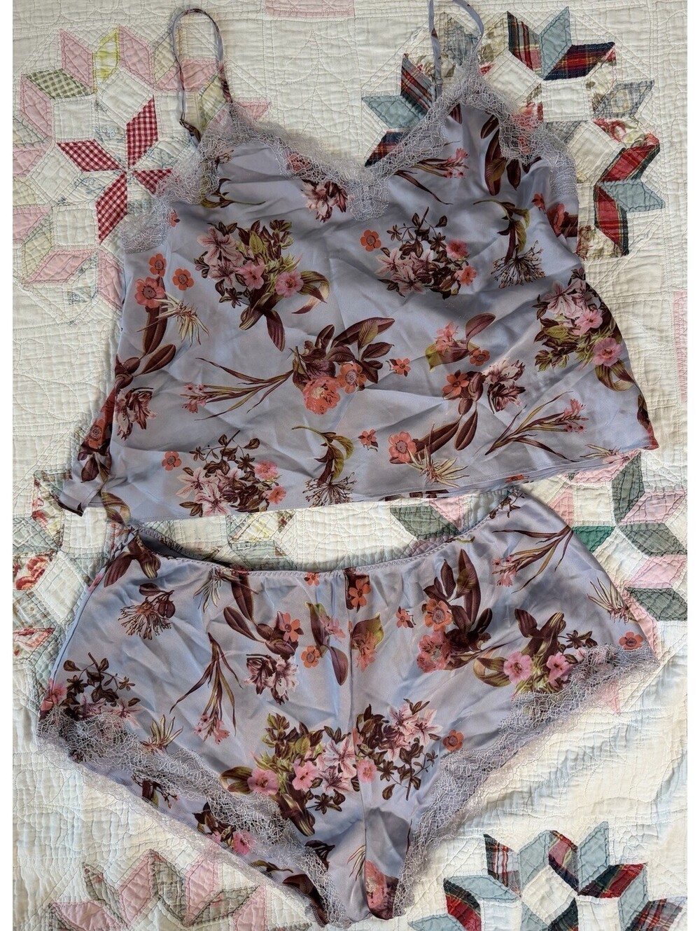 Victoria Secret Lavender Floral Coquette Satin Pajama Set Lace Trim XL Boudoir